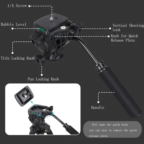 Vista 4 de Trípode de video de cabeza fluida, trípode estable con monopie 2 en 1, tornillos de 1/4 de pulgada con cabezal de arrastre fluido y bolsa