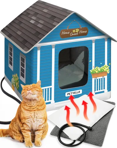 Vista 8 de Casa climatizada de lujo para gatos para invierno - Resistente a la intemperie, aislada, fácil montaje, almohadilla térmica para gatos, puertas