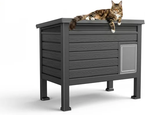 Vista 8 de DRATO Casa para Gatos de Exterior, Refugio para Gatos Ferales Resistente a la Intemperie con Piso Elevado, Cálida, Material PP, Casa Exterior