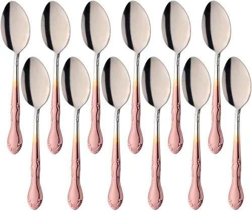 Vista 23 de Cucharas de sopa, cucharas redondas de acero inoxidable para caldo con borde de flor, juego de 12 piezas de acero inoxidable para café, azúcar