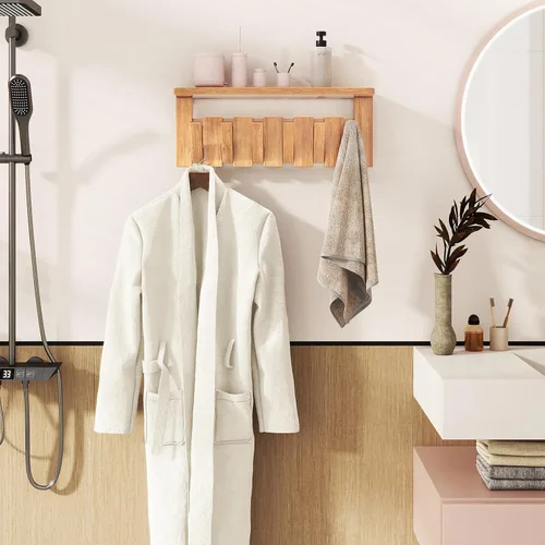 Vista 5 de YMYNY Perchero de pared montado en pared con estante, estante de pared con ganchos retráctiles, perchero de pared de madera para colgar Natural