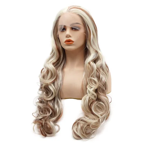 Vista 3 de Peluca de cabello sintético con encaje frontal, ondulado, largo, de 26 pulgadas, mezcla de castaño rojizo, densidad pesada, resistente al calor
