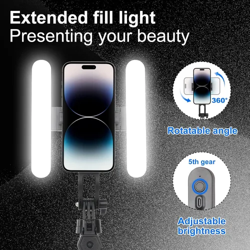 Vista 2 de ikaufen Trípode para iPhone de 71 pulgadas con pico de tierra, luz de relleno ajustable de 5 velocidades, trípode extensible para teléfono selfie