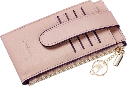 Vista 7 de Chelmon Billetera delgada con bloqueo RFID para mujer, con bolsillo con cremallera, Rosa Champán, Minimalista