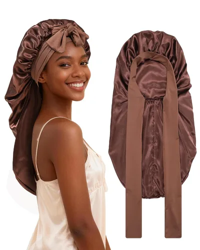 Vista 10 de AWAYTR - Gorro de satén para trenzas y cabello largo durmiendo para mujeres Long Satin Sleep Cap With Adjustable Tie Band, Protecting Braids Curly