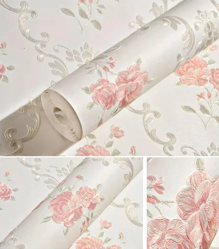 Vista 2 de Papel tapiz vintage en relieve 3D con diseño floral para despegar y pegar, rosa rosado, papel de pared de flores, pegar y despegar, papel