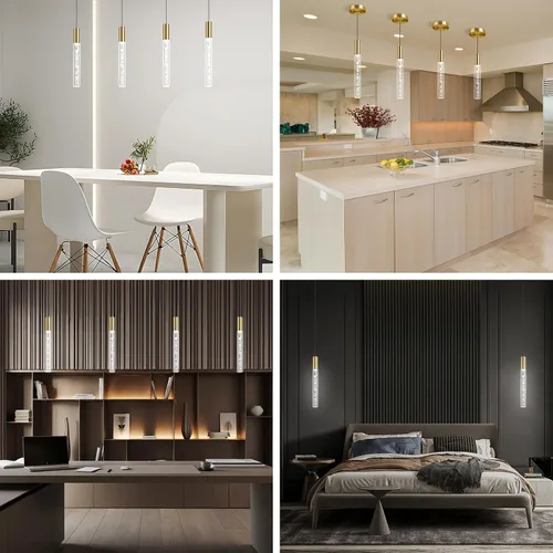 Vista 6 de Moderna lámpara colgante dorada, 1 luz LED colgante de 3 colores, cable acrílico, luces colgantes de techo ajustables para cocina, isla, sala