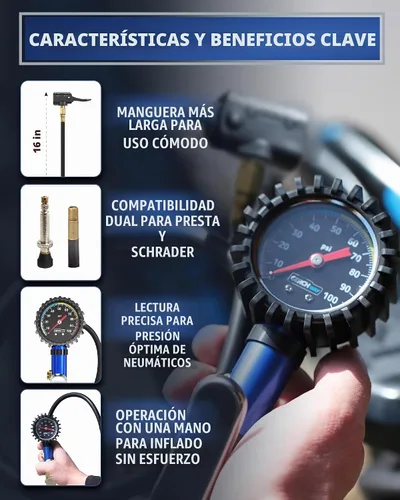 Vista 4 de Adaptador de Válvula Presta para Bomba con Pinza de Aire Desmontable de Schrader a Presta – Inflador de Neumáticos de Bicicleta Preciso y Medidor