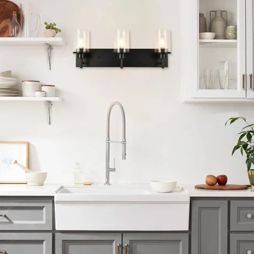 Vista 7 de Lámparas de tocador, lámparas de baño negro mate sobre el espejo, lámpara moderna de apliques de pared con pantalla de vidrio transparente (3 luces)