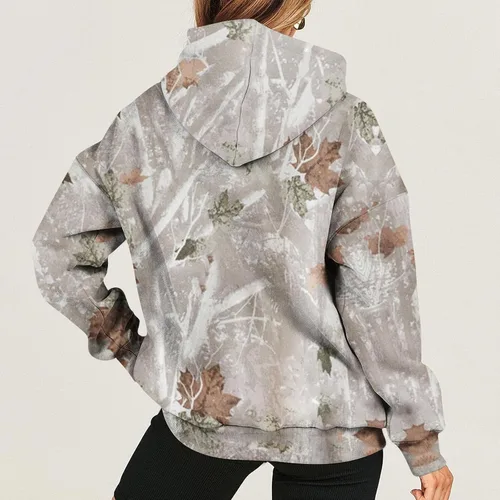 Vista 6 de Sudadera con capucha de camuflaje para mujer, con estampado de hojas de arce, sudadera de forro polar con capucha con bolsillo, suéteres clásicos