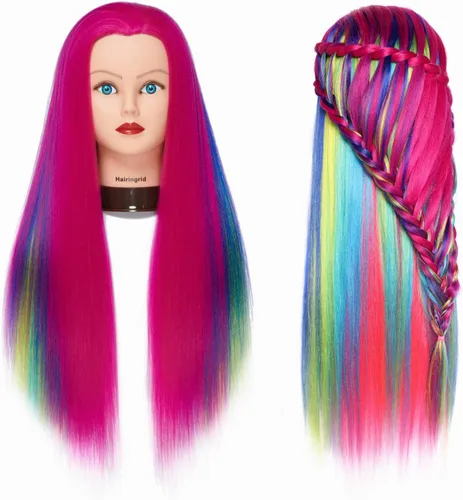 Vista 13 de Hairingrid Cabeza de maniquí de 26 a 28 pulgadas, para entrenamiento de peinado, cosmetología, cabeza de muñeca, pelo de fibra sintética y soporte
