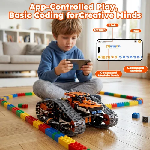 Vista 3 de Kit de construcción de robot rastreador STEM 2 en 1, aplicación y control remoto 2.4G, bloques técnicos de codificación de vehículos transformables