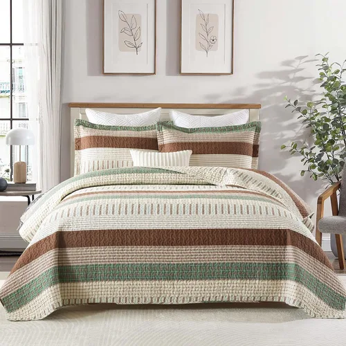 Vista 11 de Y-PLWOMEN Colcha tamaño Queen – Colcha reversible de 100% algodón a rayas estilo granja, ligera, acogedora y moderna, ropa de cama de campo para Azul