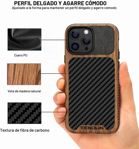 Vista 3 de TENDLIN Compatible con iPhone 13 Pro Max, funda de grano de madera con textura de fibra de carbono, funda híbrida de cuero compatible con iPhone 13