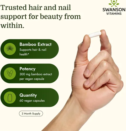 Vista 3 de Swanson Extracto de bambú para cabello y uñas Suplemento de sílice apoya colágeno 300 mg 60 cápsulas vegetales