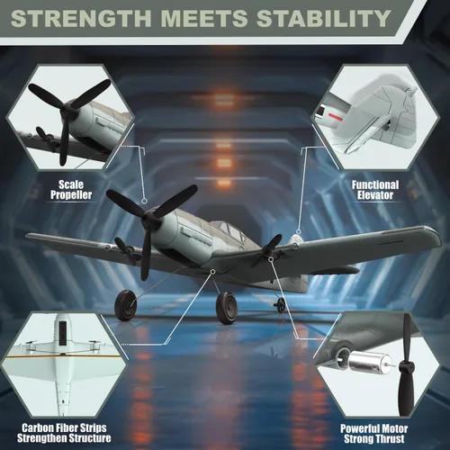 Vista 6 de Avión RC ANBURI, Avión de control remoto BF - 109 de 3 canales, 2.4GHz y estabilizador de giro de 6 ejes, 2 baterías incluidas, ideal para adultos