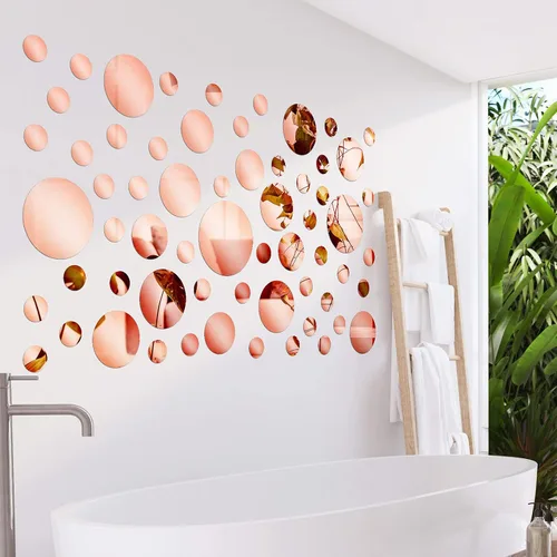 Vista 6 de 60 calcomanías de pared de espejo acrílico, calcomanías redondas adhesivas para el hogar, baño, dormitorio, espejo de oro rosa, papel tapiz