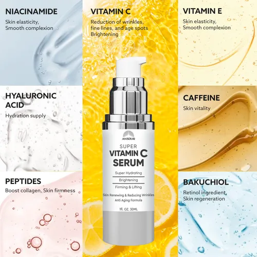 Vista 6 de Suero súper vitamina C para mujeres mayores de 70 años: suero facial de vitamina C, niacinamida, bakuchiol, ácido hialurónico, hidratante