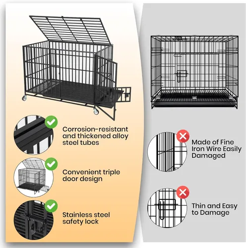 Vista 8 de Heavy Duty Escape-Proof Dog Crate - Durable Metal Kennel with 3 Doors, Removable Tray & Wheels, Indestructible Indoor Cage for Large/Medium Dogs