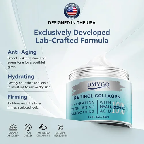 Vista 4 de Crema facial instantánea con retinol, colágeno y ácido hialurónico, crema de cuello para tensar y reafirmar – Hidratante facial antienvejecimiento