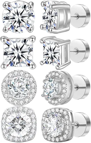 Vista 8 de NEWITIN 4 Pairs Flat Back Stud Earrings for Men Cubic Zirconia Halo Earring Dorado (Gold A)