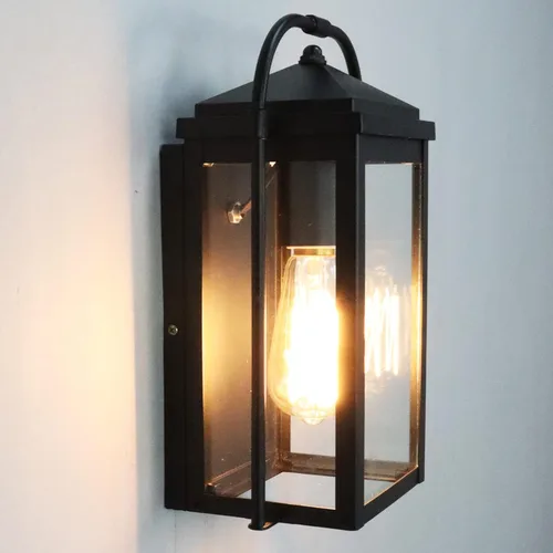 Vista 5 de Lámpara de pared exterior antioxidante negra – Farol de pared impermeable de cristal transparente para exteriores, patio, porche, garaje, puerta