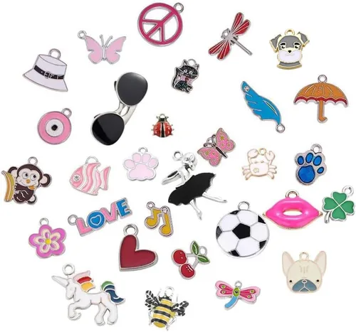 Vista 6 de SUNNYCLUE 1 caja de 30 estilos, 30 piezas de dijes esmaltados surtidos chapados en plata, unicornio, animales, corazón, flor, joyería, colgantes