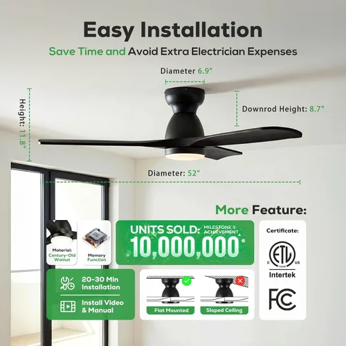 Vista 4 de Ventiladores de techo inteligentes de 52 pulgadas con luces, ventilador de techo de madera de perfil bajo para exteriores, motor de CC silencioso