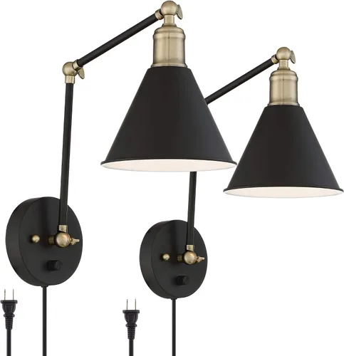 Vista 2 de 360 Lighting Wray - Lámpara de pared moderna con brazo oscilante ajustable para interiores con cable, juego de 2 lámparas de latón antiguo negro