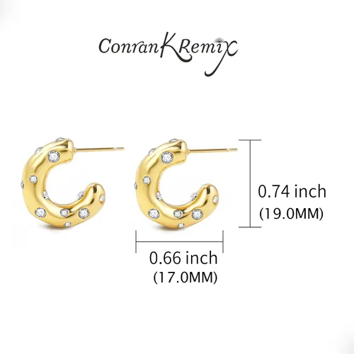 Vista 2 de Aretes de aro pequeños y gruesos de oro con diamantes ligeros para mujer