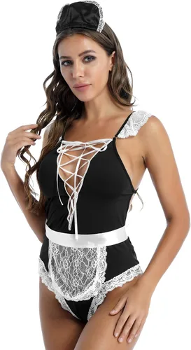 Vista 4 de iiniim Womens Lace Up Criss Cross Lingerie Teddies French Maid Fantasy Cosplay Costume