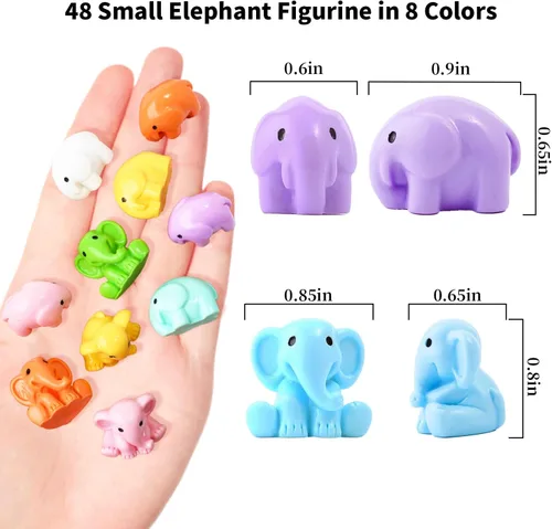 Vista 3 de 48 figuras de elefante pequeño, 8 colores, figuras de animales en miniatura, pequeños elefantes de resina para ocultar para paisaje, jardín