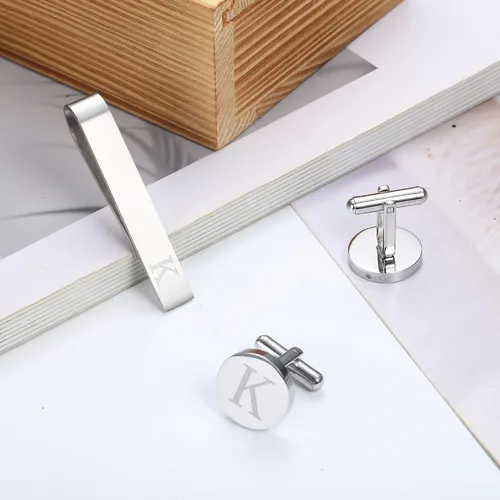 Vista 31 de LOYALLOOK - Gemelos de acero inoxidable grabados con inicial y clip de corbata, diseño de letras del alfabeto con caja de regalo, A-Z