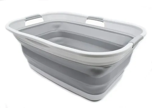 Vista 2 de SAMMART Cesta de plástico plegable para ropa sucia de 44 litros – Contenedor/organizador plegable – Tina de lavado portátil – Cesta de ahorro de Gris