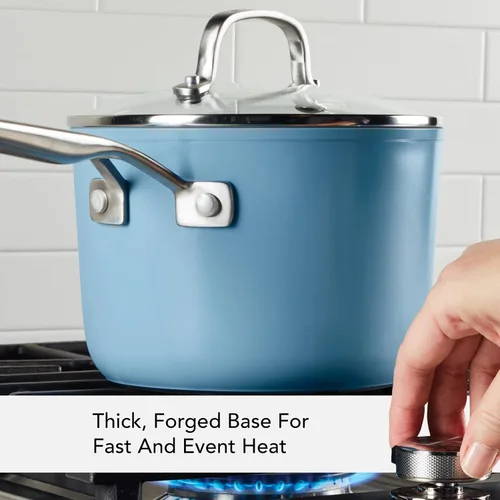 Vista 5 de KitchenAid Sartén antiadherente de cerámica anodizada dura con tapa, 3 cuartos de galón, terciopelo azul