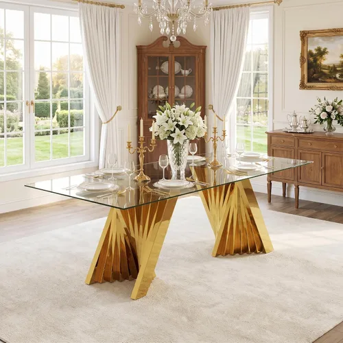 Vista 10 de Mesa de comedor de cristal, mesa de cocina rectangular plateada de Plateado