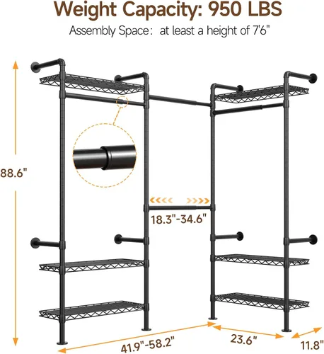 Vista 2 de L3 - Sistema de organizador de armario industrial de tuberías, perchero de pared con 4 varillas telescópicas y 6 estantes, sistema de armario Negro