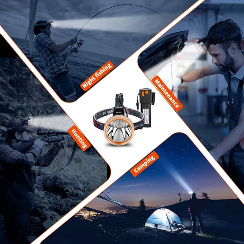 Vista 2 de Linterna de cabeza LED recargable de alta potencia - linterna frontal ajustable impermeable, linterna frontal de manos libres para camping