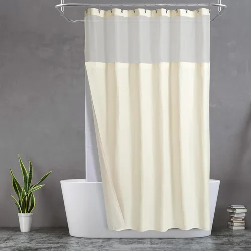 Vista 23 de N&Y HOME - Juego de cortina de ducha de punto gofre, forro de tela a presión y ganchos, para ducha pequeña, estilo hotel, ventana superior de malla