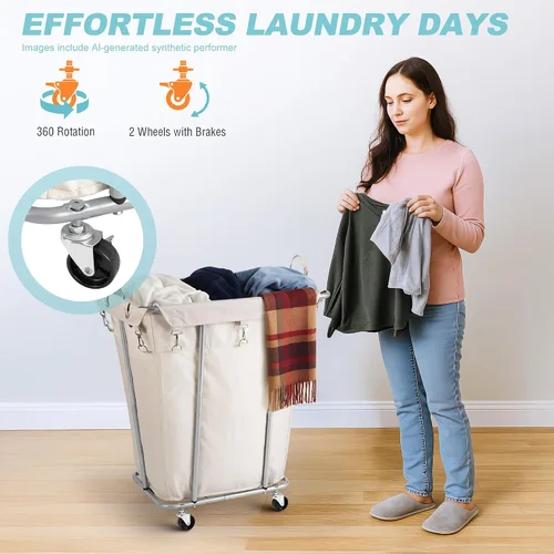 Vista 4 de PLKOW - Cesta de lavandería con ruedas de 120L, carrito de lavandería resistente con bolsa impermeable extraíble, cesta de ropa con estructura