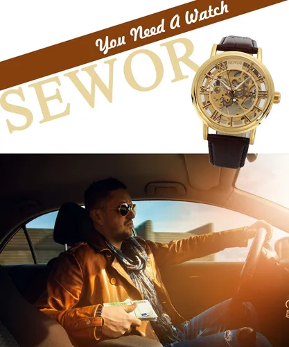 Vista 2 de SEWOR Reloj de pulsera de cuero de estilo vintage transparente con esqueleto mecánico para hombre