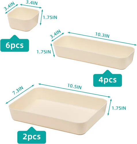 Vista 2 de Juego de 12 organizadores de cajones de escritorio de plástico de color beige para maquillaje, baño, oficina, cocina, cajón, caja de almacenamiento