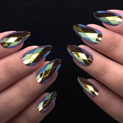Vista 16 de IMSOHOT Uñas postizas a presión con forma de almendra, francesas, color azul medio, uñas postizas degradadas con purpurina con diseños de diamantes