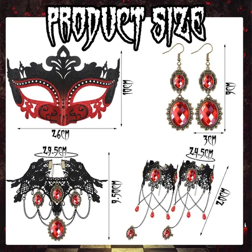 Vista 2 de Libima Juego de 5 piezas de accesorios góticos de vampiro de Halloween, máscara de mascarada, collar y pulsera de encaje gótico