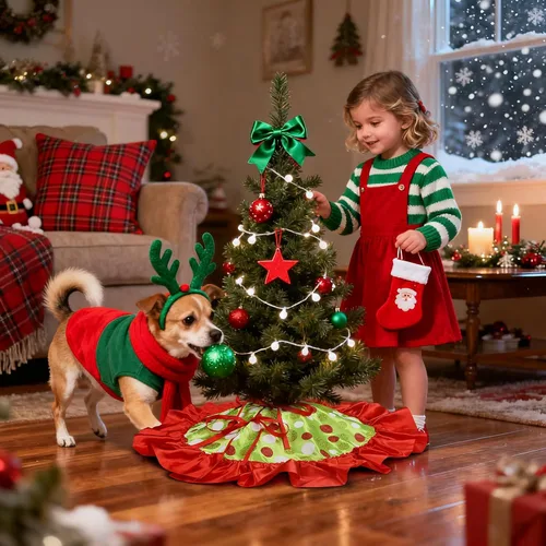 Vista 4 de Yuboo 24" Falda de árbol de Navidad de puntos rojos y verdes - Falda de árbol de mesa pequeña con volantes, tapete de árbol de Navidad mini