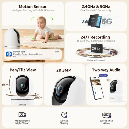 Vista 2 de AOQEE Cámaras 5G para seguridad en el hogar interior, monitor de mascotas
