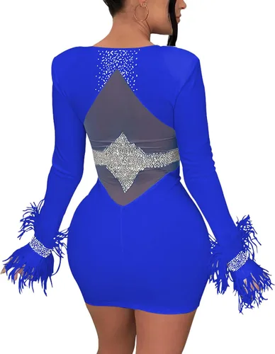 Vista 2 de CUTUBLY Women's Sexy Spaghetti Strap Rhinestone Clubwear Feather Hem Mini Dress Club Night Outfit