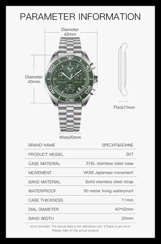 Vista 3 de SPECHT&SOHNE Relojes para hombre Reloj de pulsera de cuarzo para hombre, cronógrafo japonés VK68, movimiento de acero inoxidable, zafiro luminoso