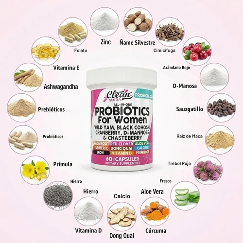 Vista 4 de Clean Nutraceuticals Probióticos para mujeres con D manosa, extracto de arándano, ñame silvestre, chasteberry – 20 cepas probióticas y prebióticas