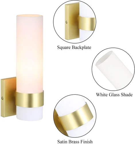 Vista 8 de XiNBEi Lighting XB-W1185-SB - Aplique de pared ADA, lámpara de tocador de baño vintage con tubo de vidrio acabado de latón satinado para cocina